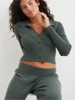 aerie Gotta Jet Polo Sweater NWT XS Ribbed Cardigan Coastal Soft Girl Y2K